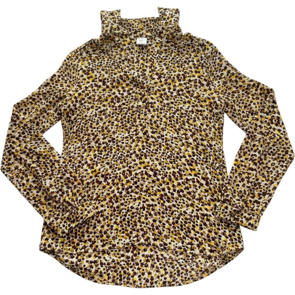 Cabi Womens Small Yellow Brown Abstract Animal Print Long Sleeve Blouse Top